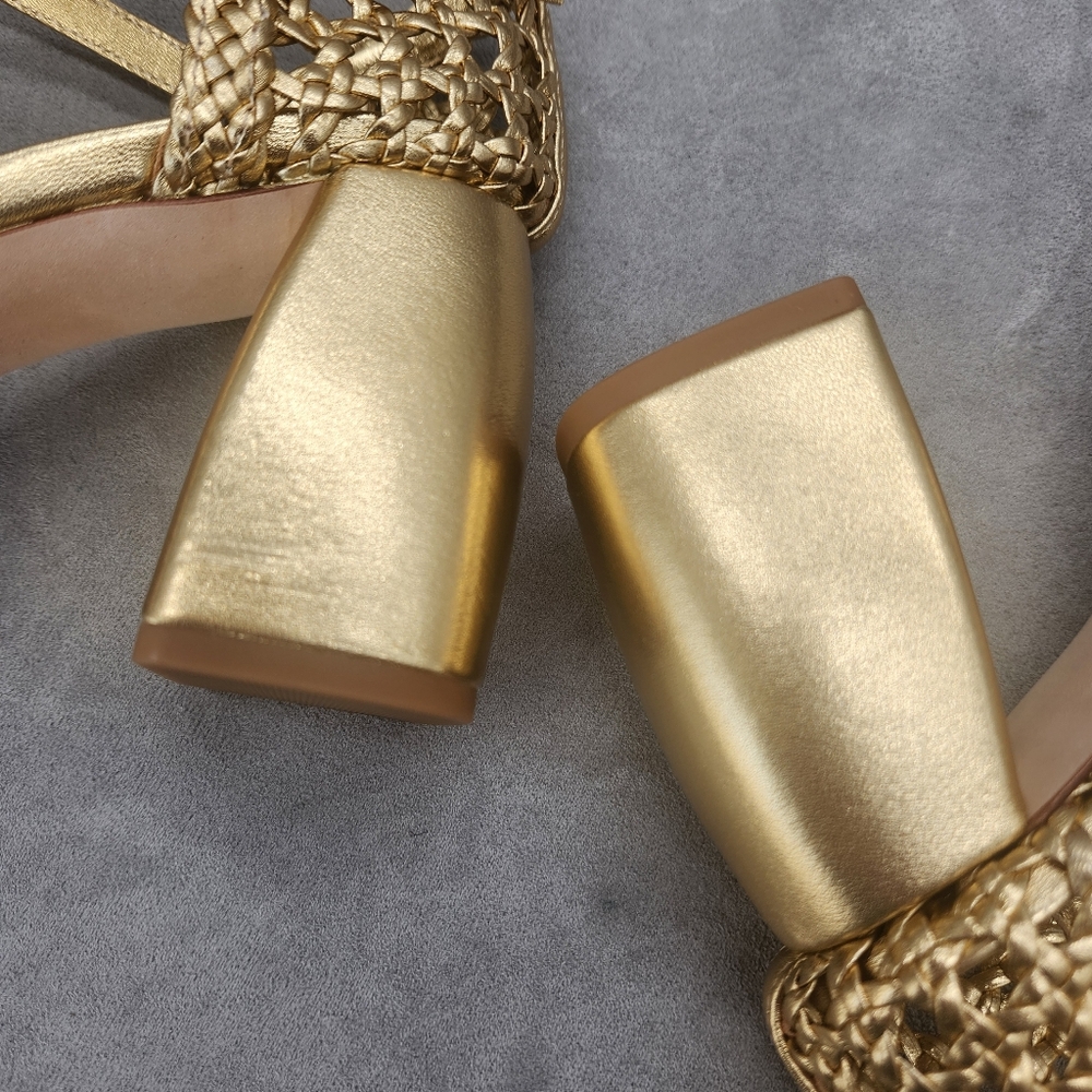 Antonio Melani Heeled Sandals 10 Golden Woven Leather Gretel Metallic New $140 - Picture 11 of 15
